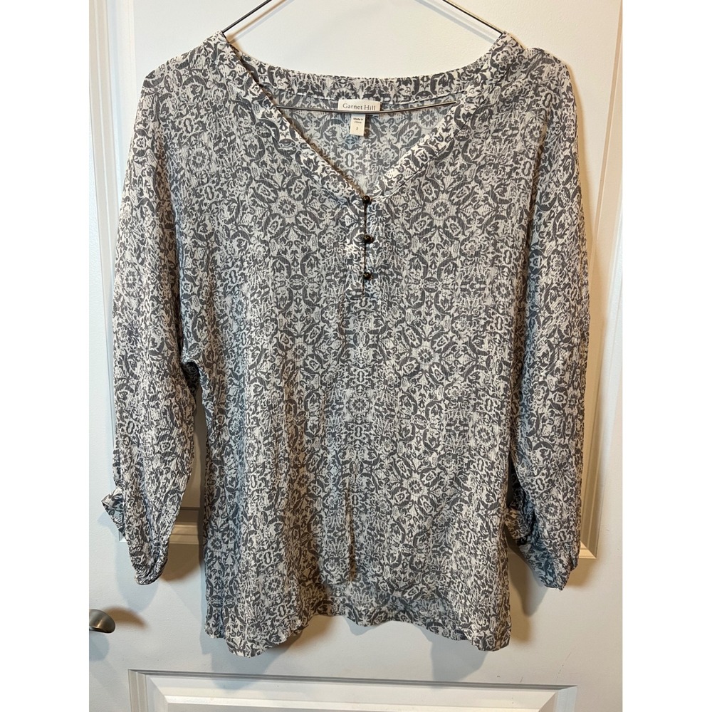 Garnet Hill Womens Silk Blouse Damask Print Grey Size 2